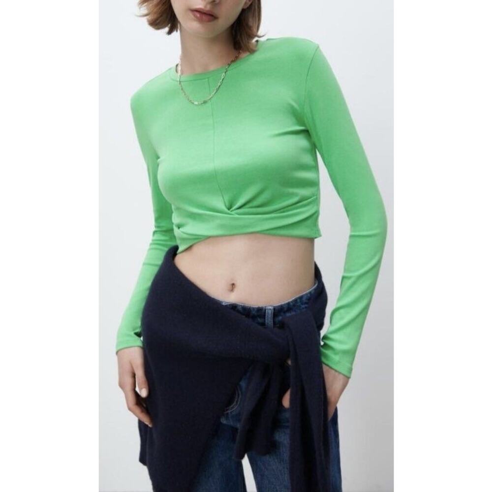 ZARA Green Twist Front Crop Top Long Sleeve Fitted Stretch Size S